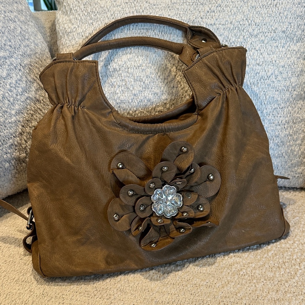 Brown Vegan Leather Floral Embellished Hobo Bag